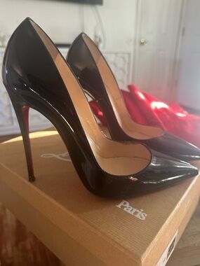 Christian Louboutin Black Patent Pointed Toe Stilettos with Red Soles